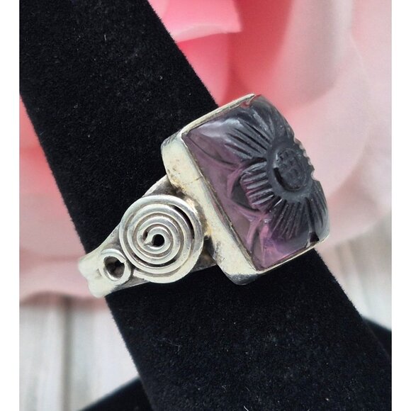 Sterling Silver Swirl Ring Size 8.5 Square Purple Etched Flower Boho Cute - Picture 6 of 9